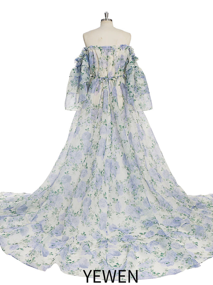 Trägerloses Umstandskleid Fotoshooting Print Floral Seide Weicher Organza Frau Maxikleid Seitenschlitz YW231002 