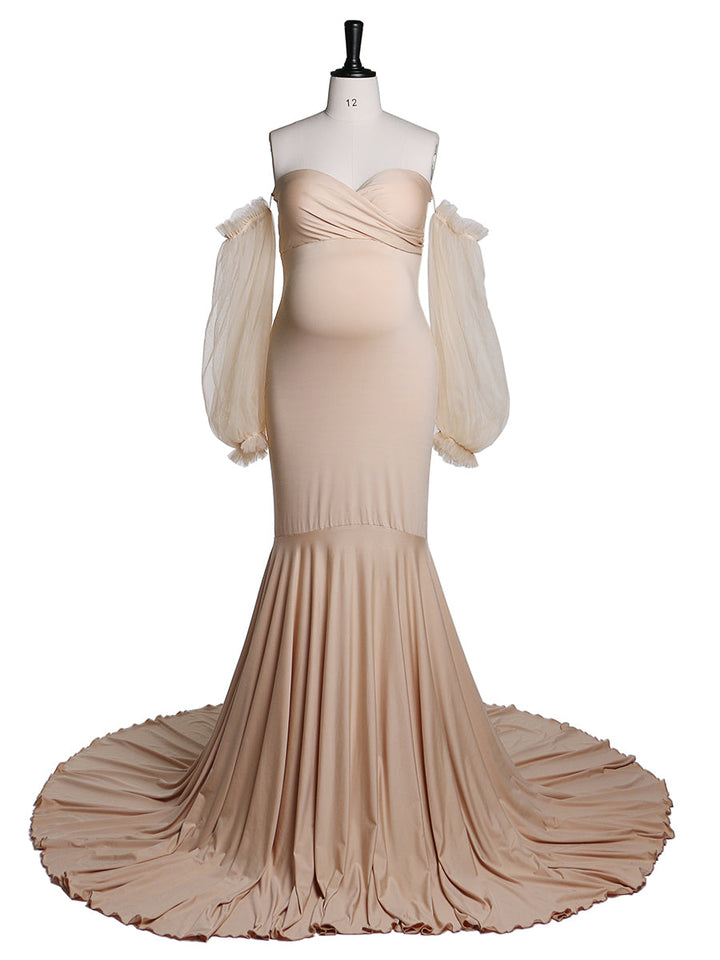 Tüll-Umstandskleid mit langen Ärmeln, dehnbarer Stoff, Meerjungfrau-Stil, für Fotoshootings, Umstandskleid, Brautjungfernkleid, YeWen YW21009 