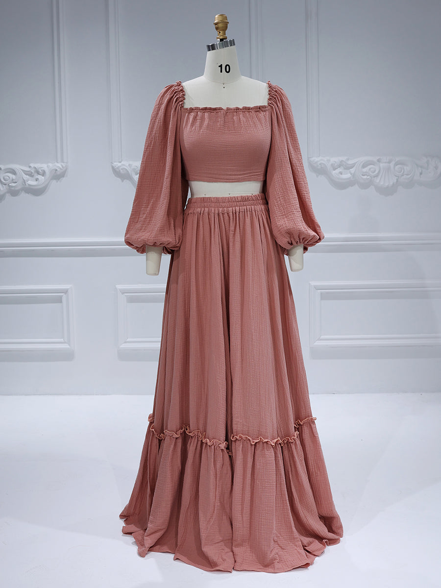 Lange Ärmel Verstellbarer Rücken Frau Baumwolle Maxikleid Fotoshooting Kleider Outfit YW231113 