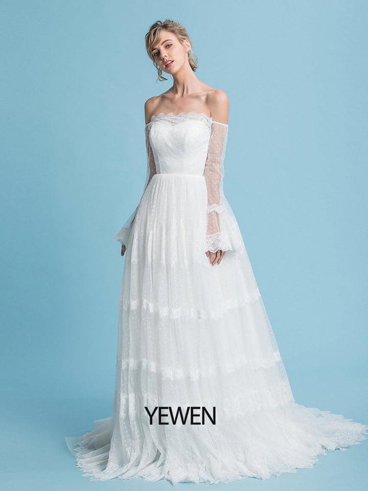 Off the Shoulder Romantisches Bohemian Brautkleid Lange Ärmel Strandhochzeit Brautkleid 