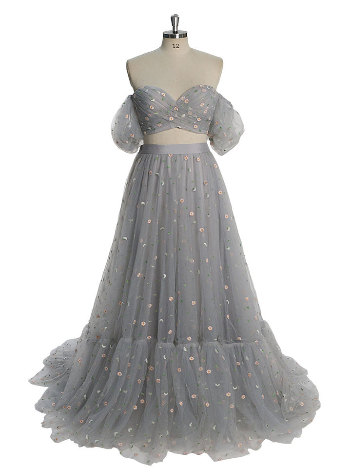 Tüll mit Stickereien, 2-teiliges Set für Damen, Maxikleid, elastische Taille, Fotoshooting-Kleid YW231030