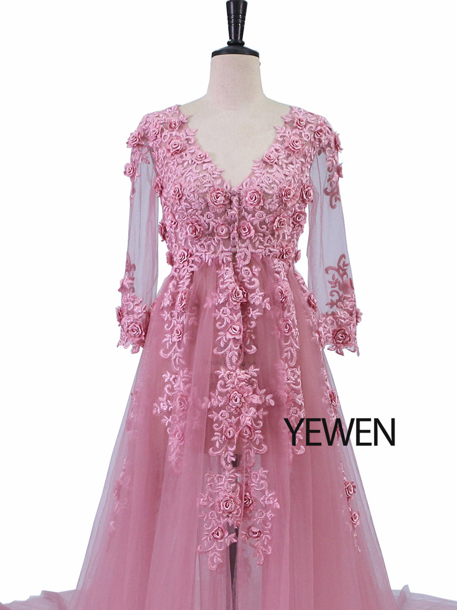 Elegante Abendkleider mit Tüllapplikationen und Spitze, V-Ausschnitt, halbe Ärmel, vorne offen, Oldrose, Strandstil, Partykleider, Robe de Soiree, YeWen