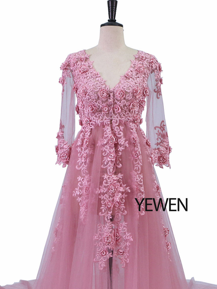 Elegante Abendkleider mit Tüllapplikationen und Spitze, V-Ausschnitt, halbe Ärmel, vorne offen, Oldrose, Strandstil, Partykleider, Robe de Soiree, YeWen