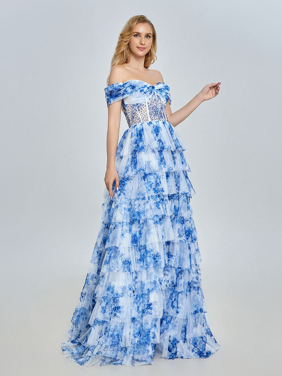 Blaues schulterfreies Ballkleid aus floralem Tüll mit mehreren Lagen YE3025 