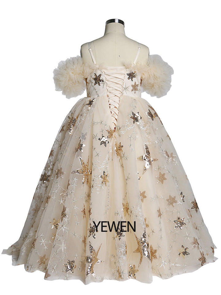Champagner Stern Tüll Blumenmädchenkleider für Hochzeiten Geburtstagsfeiern Prinzessin Kinder Fotoshooting Kleid YEWEN