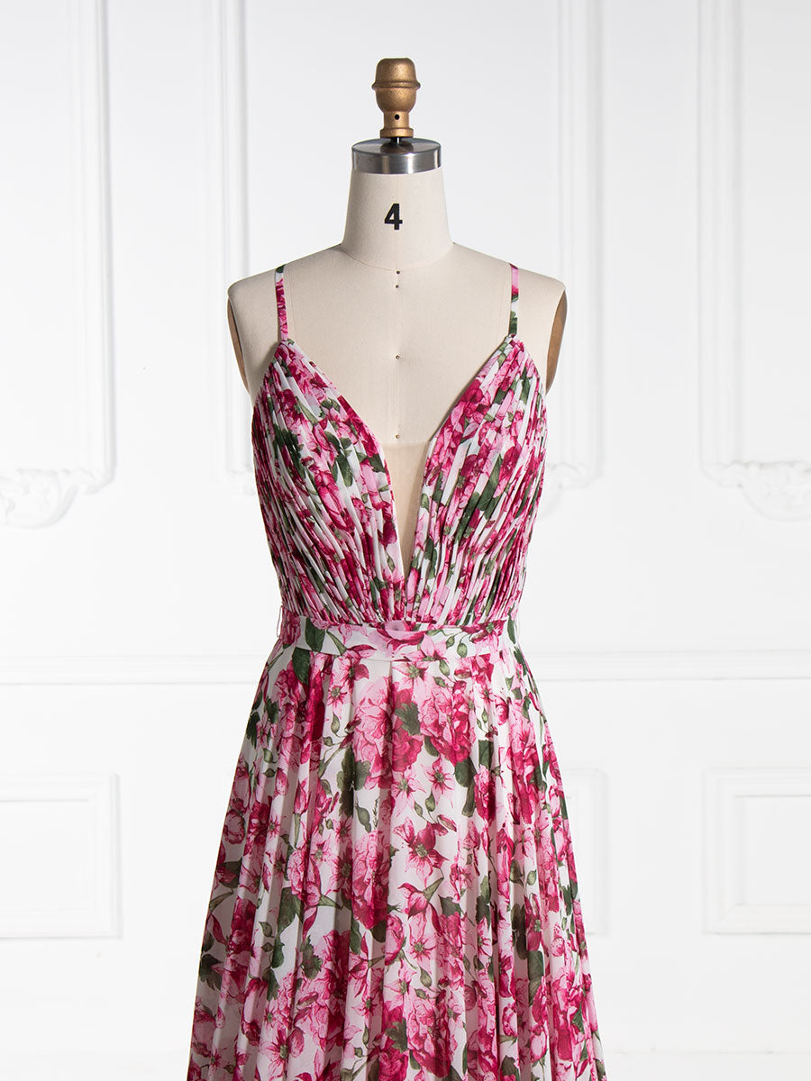 A Line, V Neck ,Printed Prom Dresses, Floor Length