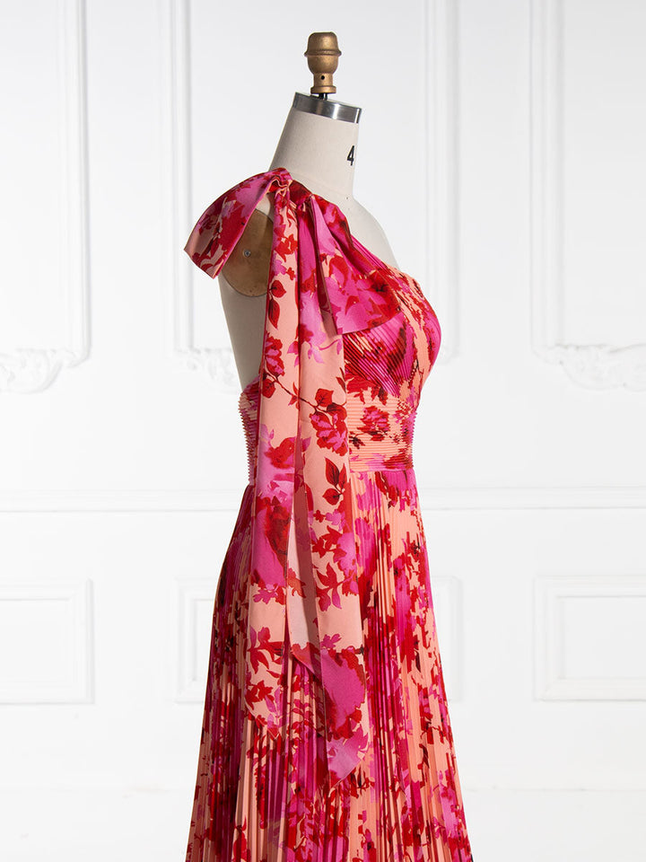 A-line, Asymmetrica Red Printed Pleated, Prom Party Dresses, Floor Length