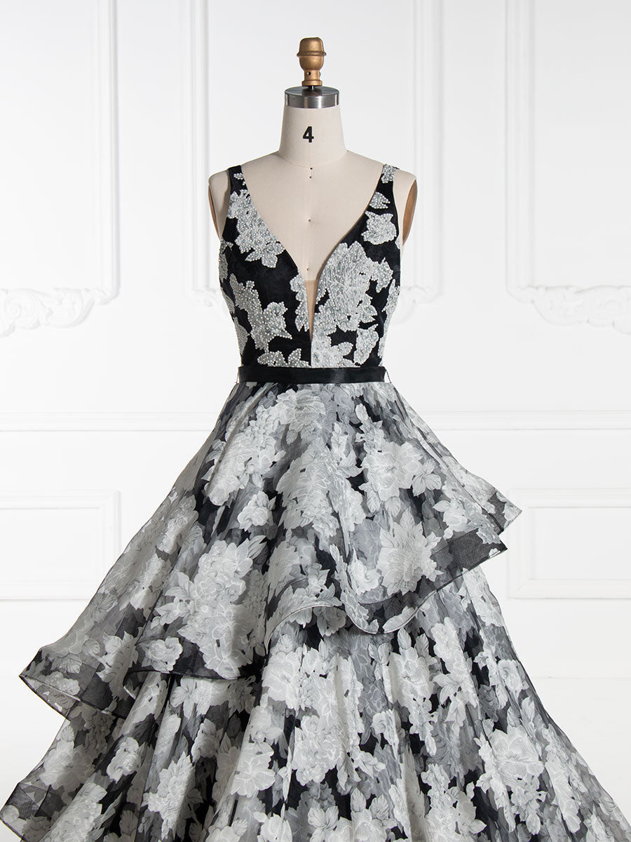 Princess V-Neck, Floor-Length, Black Printed Layered, Prom Dresses