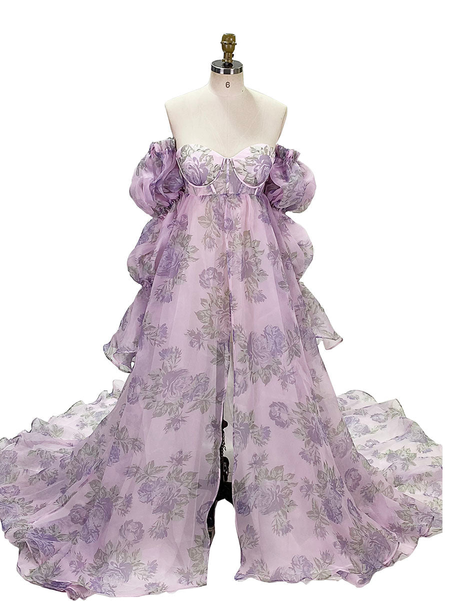 Neue Umstandskleider aus Organza-Seide mit Blumendruck für Fotoshootings, Babypartys, Fotografie-Requisiten, Schnürung am Rücken, YW221105 