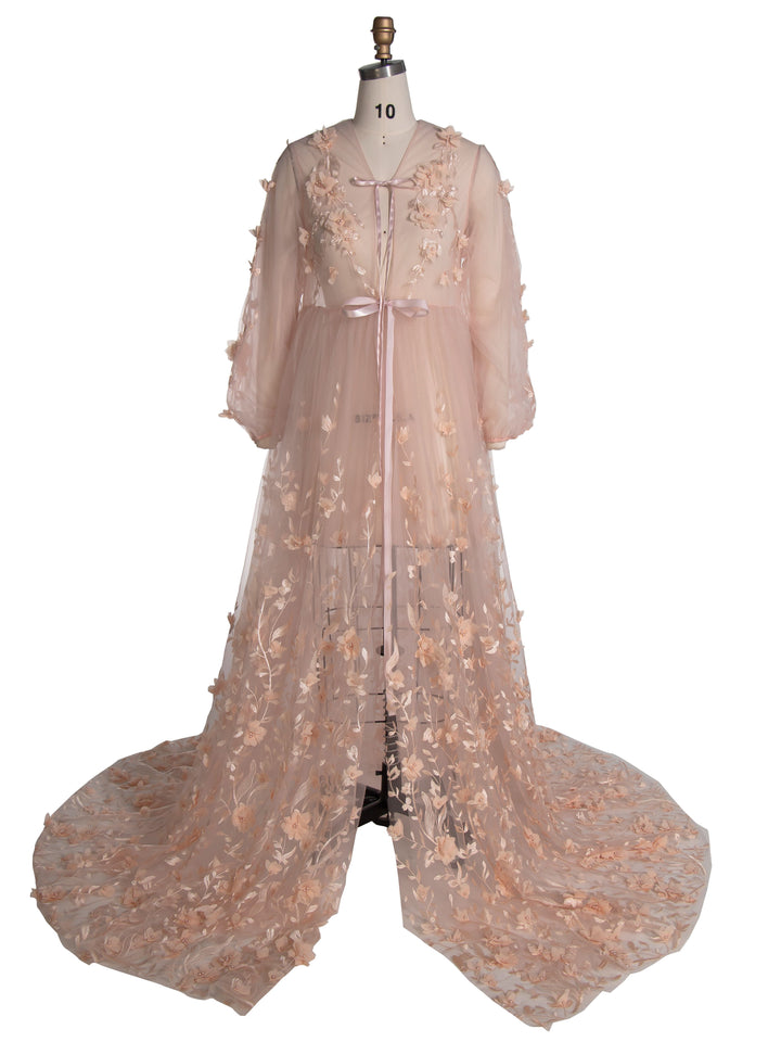 Errötendes Kleid mit 3D-Blumenspitze, Boho-Maxikleid aus transparentem Netzstoff, Fotoshooting-Outfit YW240107 