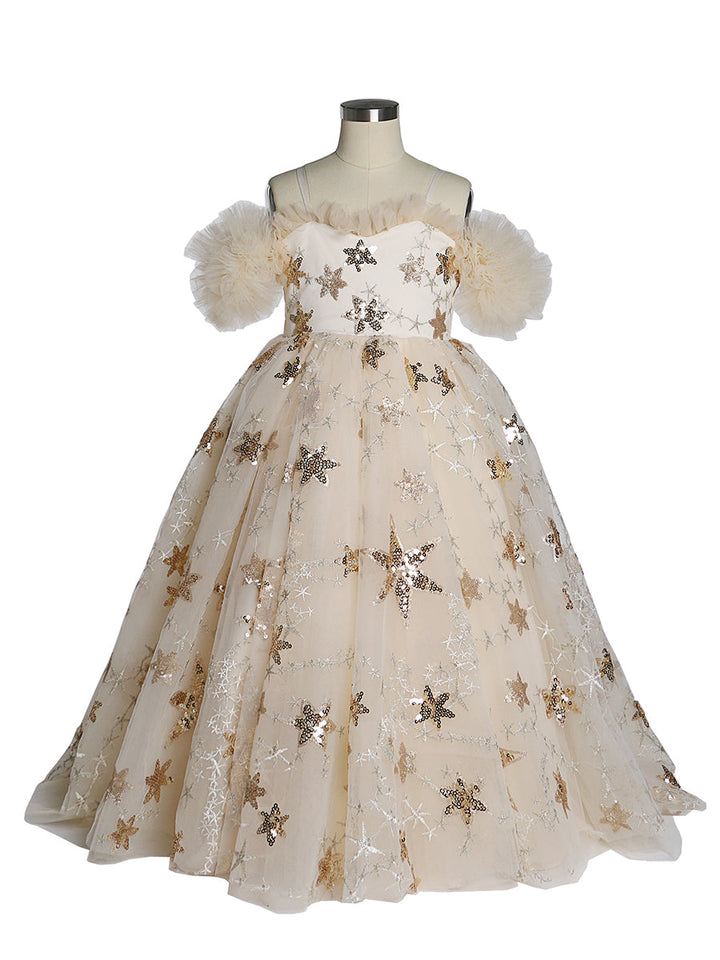 Champagner Stern Tüll Blumenmädchenkleider für Hochzeiten Geburtstagsfeiern Prinzessin Kinder Fotoshooting Kleid YEWEN