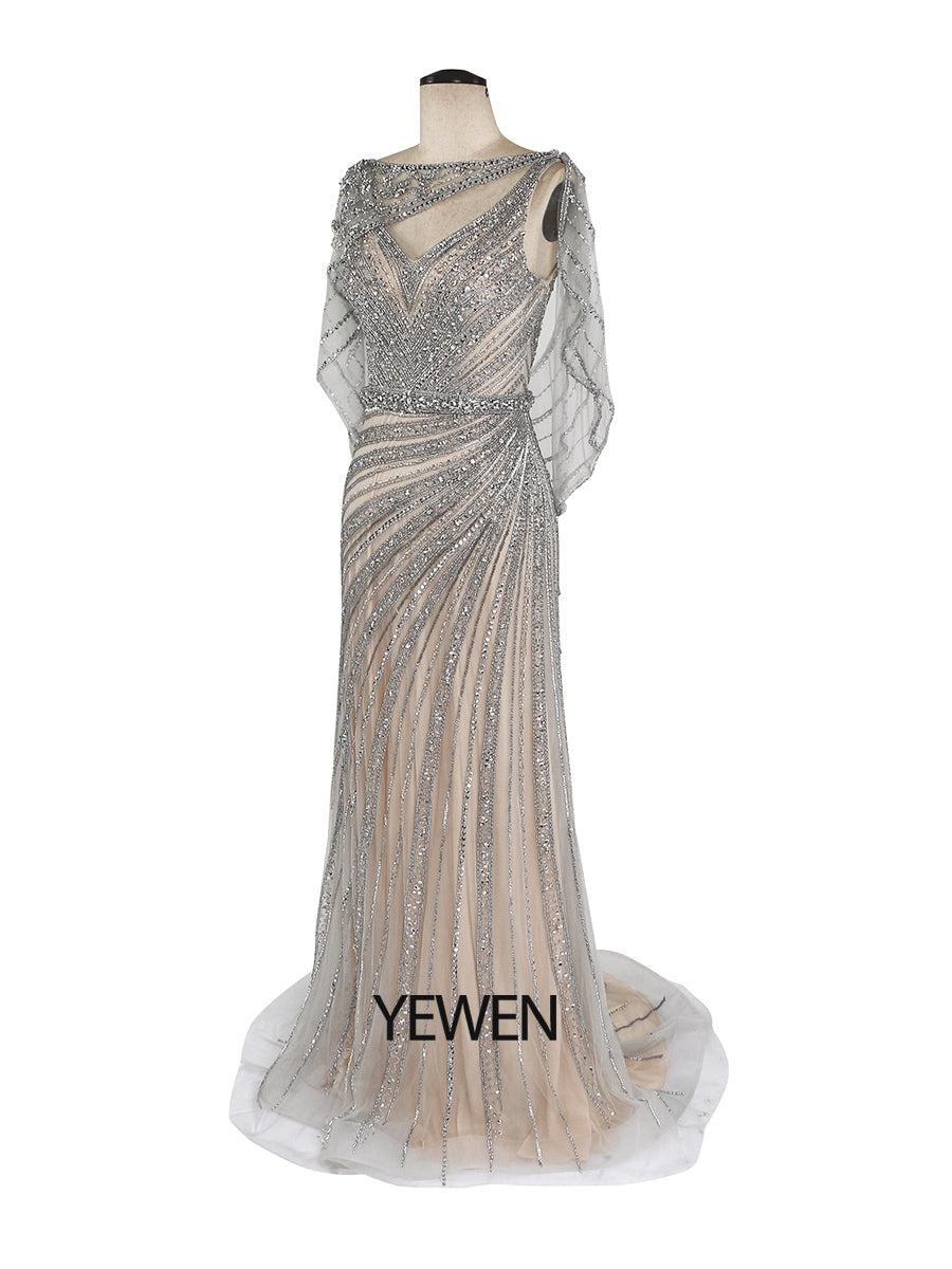 V-Ausschnitt Champagner Abendkleider 2024 Diamant Perlen Ärmellos Meerjungfrau Formelle Partykleid Reißverschluss Hinten YEWEN 