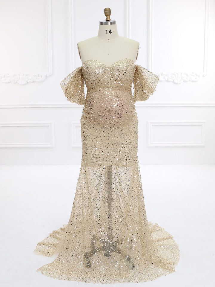 Umstandskleid mit goldenen Pailletten und Perlen für Fotoshootings, Schwangerschaftsfotografie, Babyparty-Kleid YW231140 