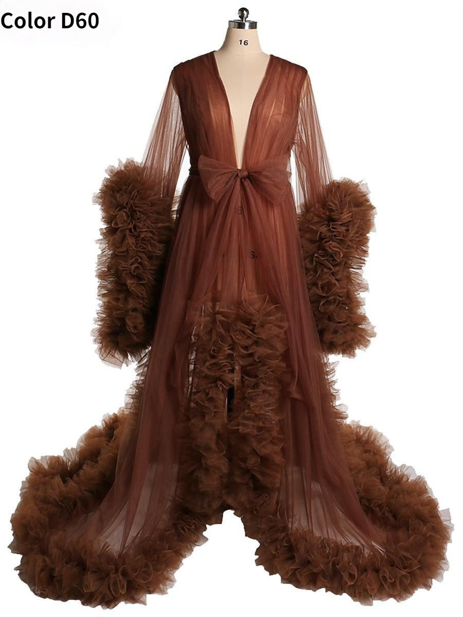 Langärmliges Brautkleid, elegantes, durchsichtiges Maxi-Umstandskleid mit Rüschen
