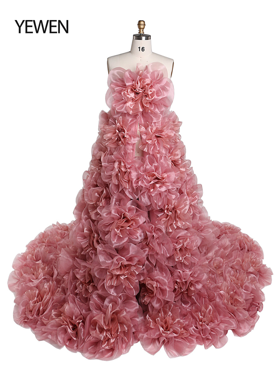 Trägerloses Organza-Umstandskleid mit 3D-Blumen für Fotoshootings, Babyparty, Fotografie-Kleider YW220308 