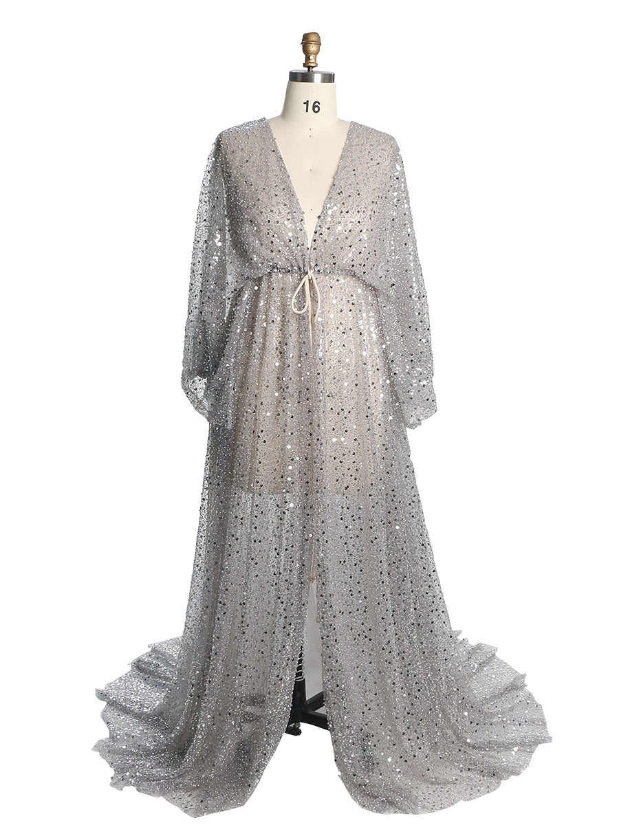 Umstandskleid mit goldenen Pailletten und Perlen für Fotoshootings, Stretch-Taille, Schwangerschaftsfotografie, Robe, Babyparty-Kleid YD21820 