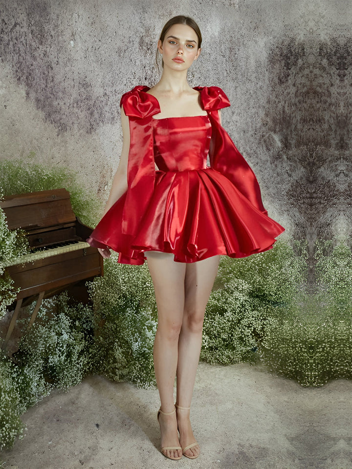 Modernes kurzes Abschlussball-Partykleid, individuelles Cocktailkleid, Schleife, verstellbare Träger, Puffrock, Heimkehrkleid
