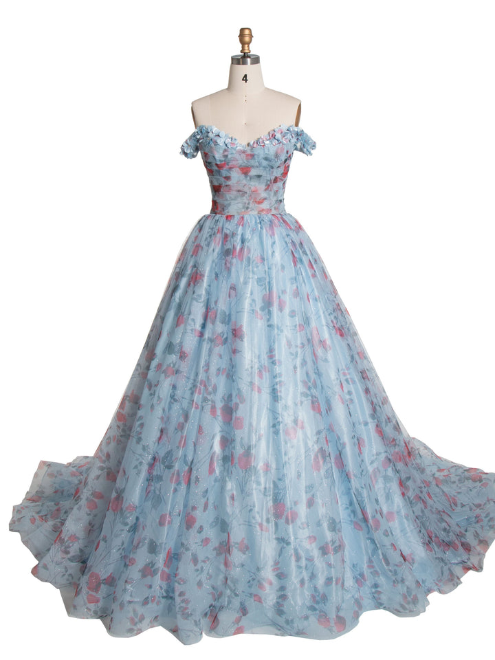 Elegantes schulterfreies Ballkleid mit Blumenmuster und Schleppe YE3023 