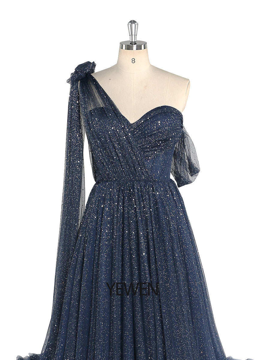 Glitzerndes Tüllkleid mit Sternenhimmel-Fotografie-Kleid, modisches Glitzer-Mesh-Designer-Ballkleid, lang, YEWEN YW010 