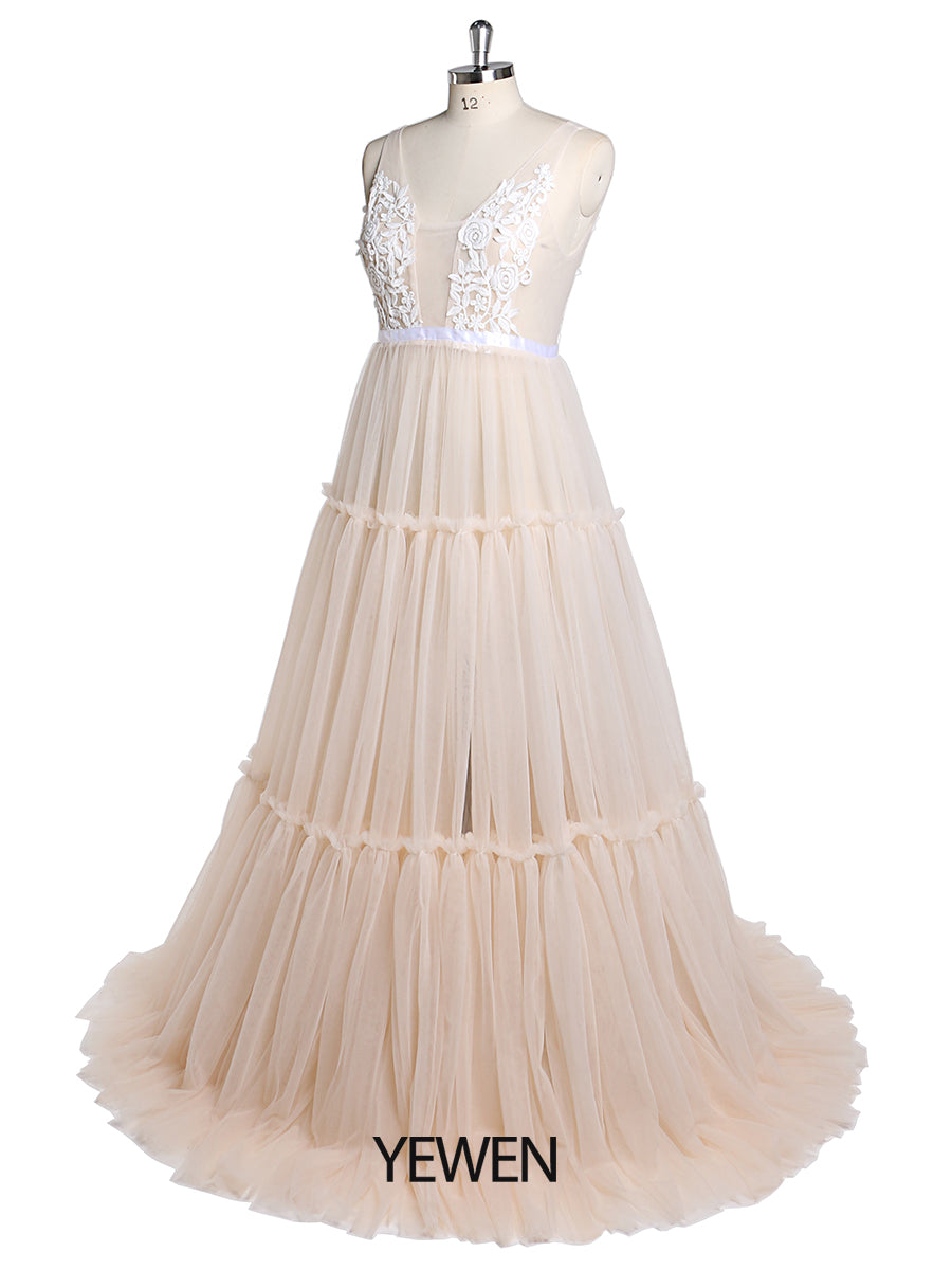 Ärmelloses Umstandskleid für Fotoshhot V-Ausschnitt Spitze Tüll Strand Brautkleid YD22603 