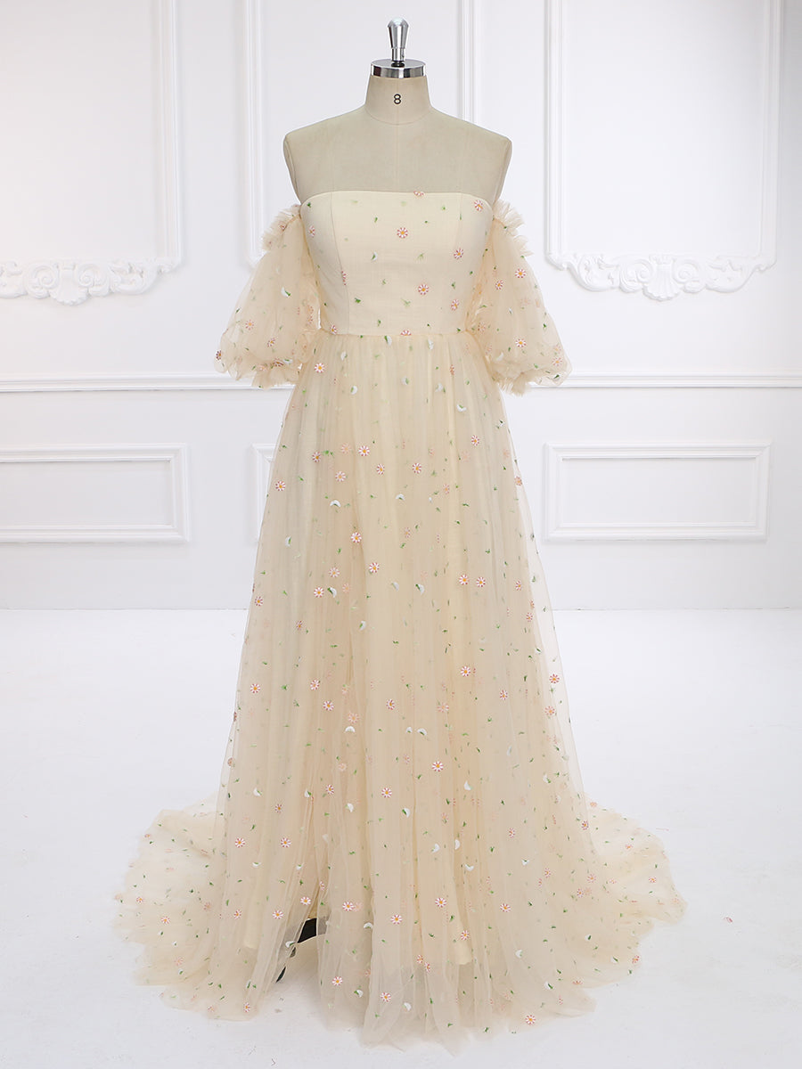 New Short Sleeve, Embroidered Boho Tulle Prom Dress, Photo Shoots Dress