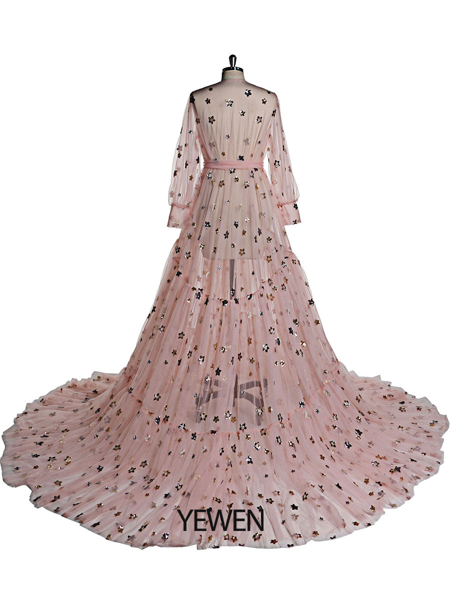 Elegantes Umstandskleid mit funkelnden Sternen und langen Ärmeln, durchsichtiges Fotoshooting-Kleid, Umstandskleid für Babypartys, Übergröße YD2104251 