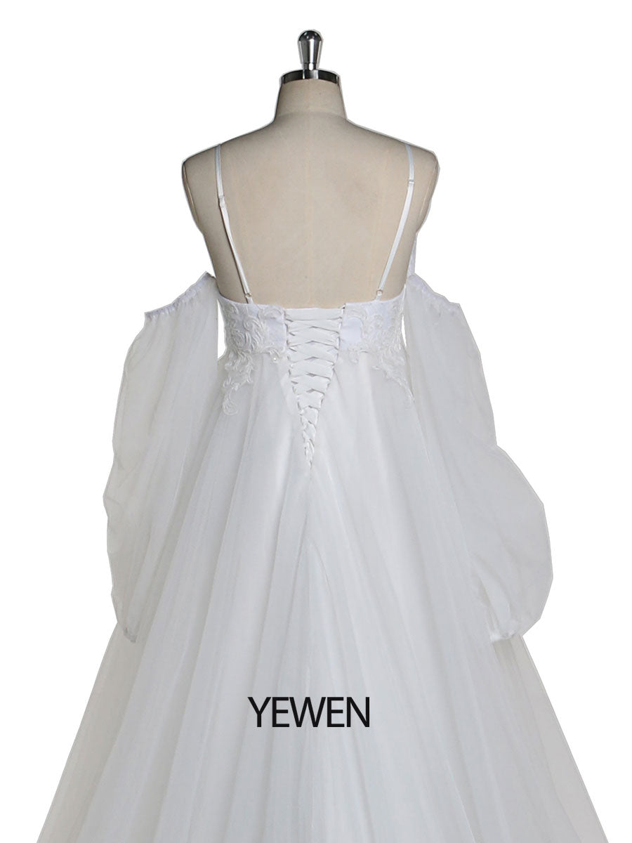 Boho-Stil V-Ausschnitt Tüll Umstandsbrautkleid Spitzenbrautkleid mit langer Schleppe YEWEN