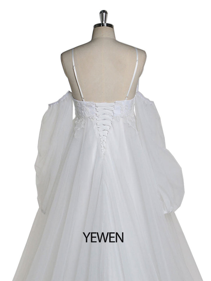 Boho-Stil V-Ausschnitt Tüll Umstandsbrautkleid Spitzenbrautkleid mit langer Schleppe YEWEN