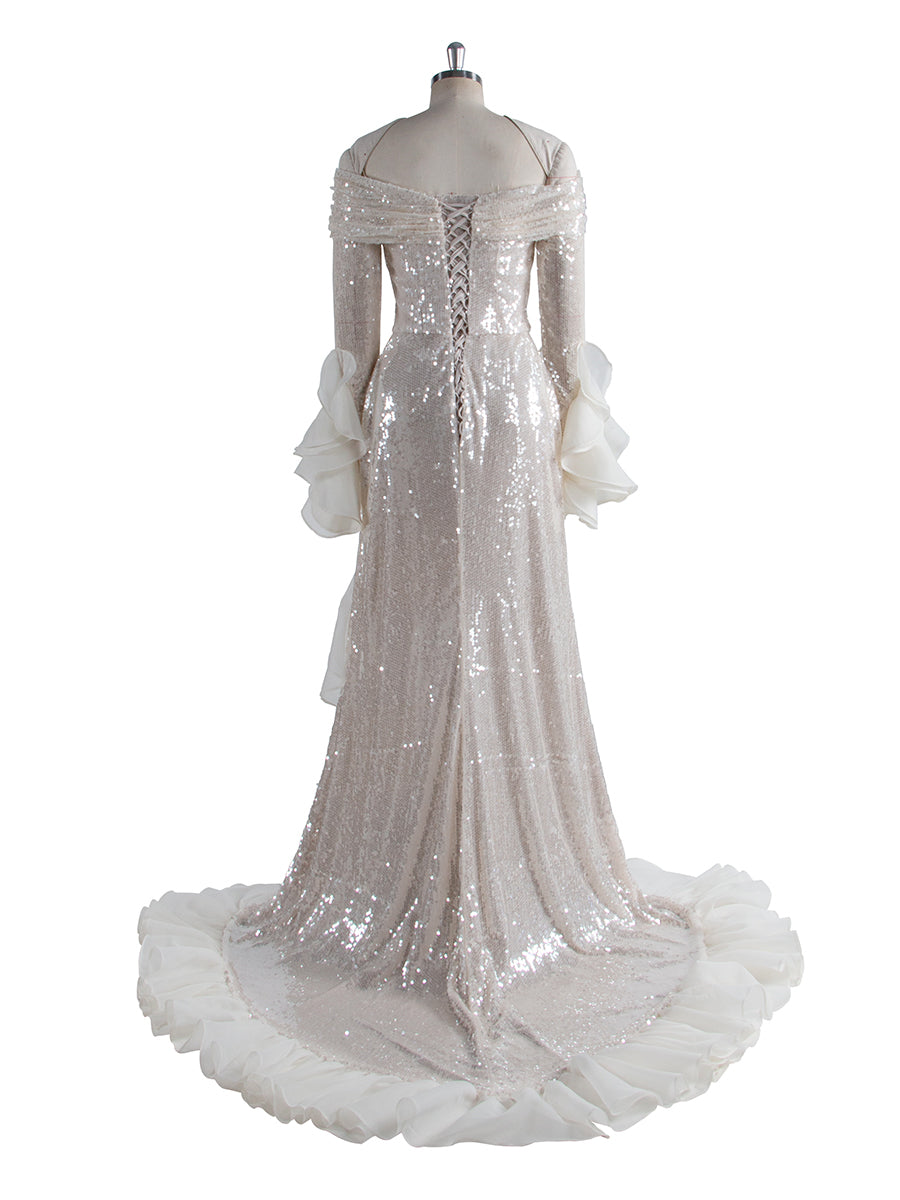 Mode Glänzende Pailletten Prom Party Kleid Langarm Off Schulter Asymmetrische Party Kleid YW250020 