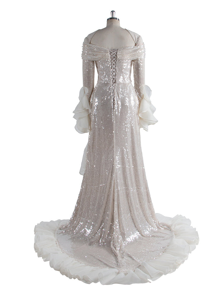 Mode Glänzende Pailletten Prom Party Kleid Langarm Off Schulter Asymmetrische Party Kleid YW250020 