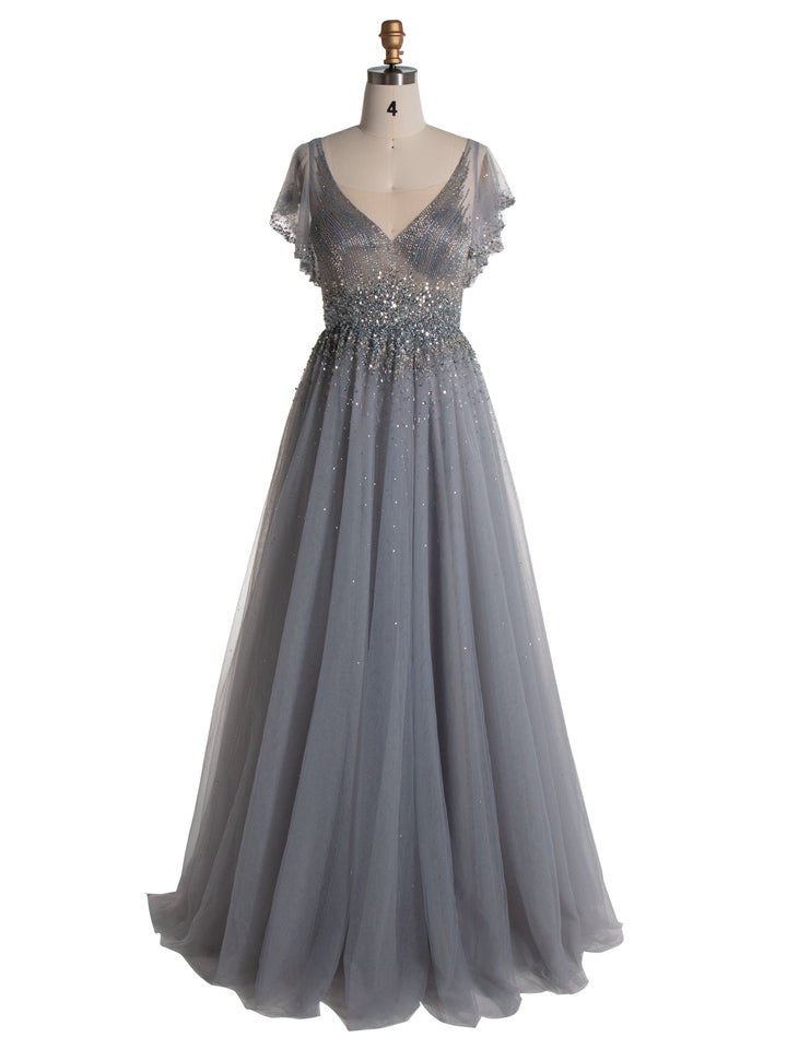 Elegantes Ballkleid mit V-Ausschnitt und silberner Perlenstickerei YE2553 