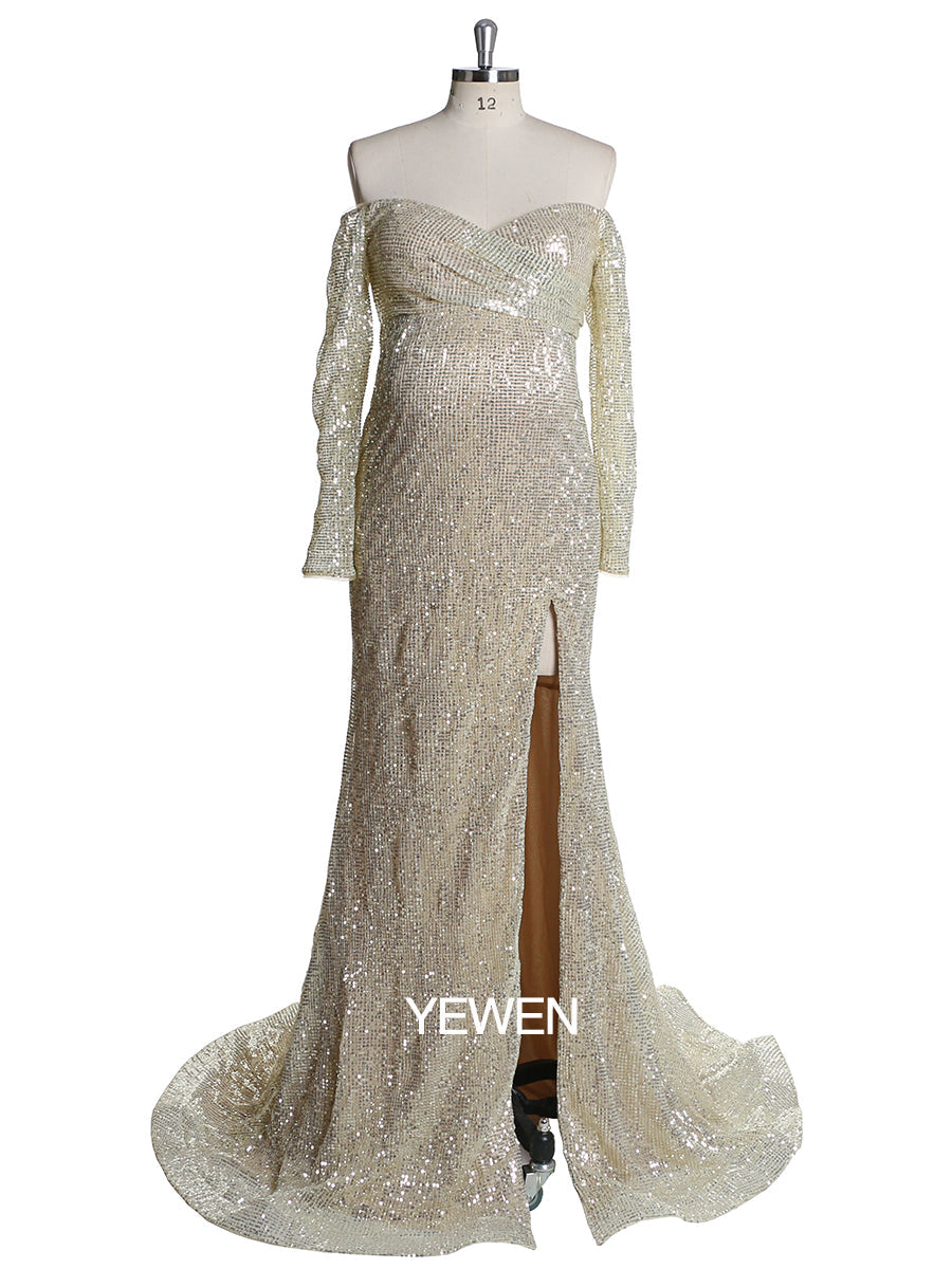 Langärmliges Pailletten-V-Ausschnitt-Abendkleid mit offener Vorderseite und Stretch-Bauch