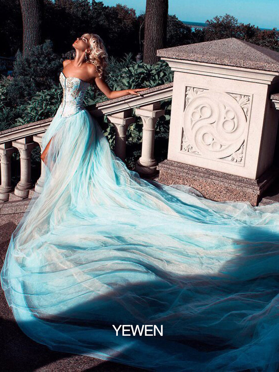 Elegantes Umstandskleid für Fotoshooting, trägerlos, Schlitz, Tüll, Hochzeits- und Abend-Maxikleid mit 2 m Schleppe 