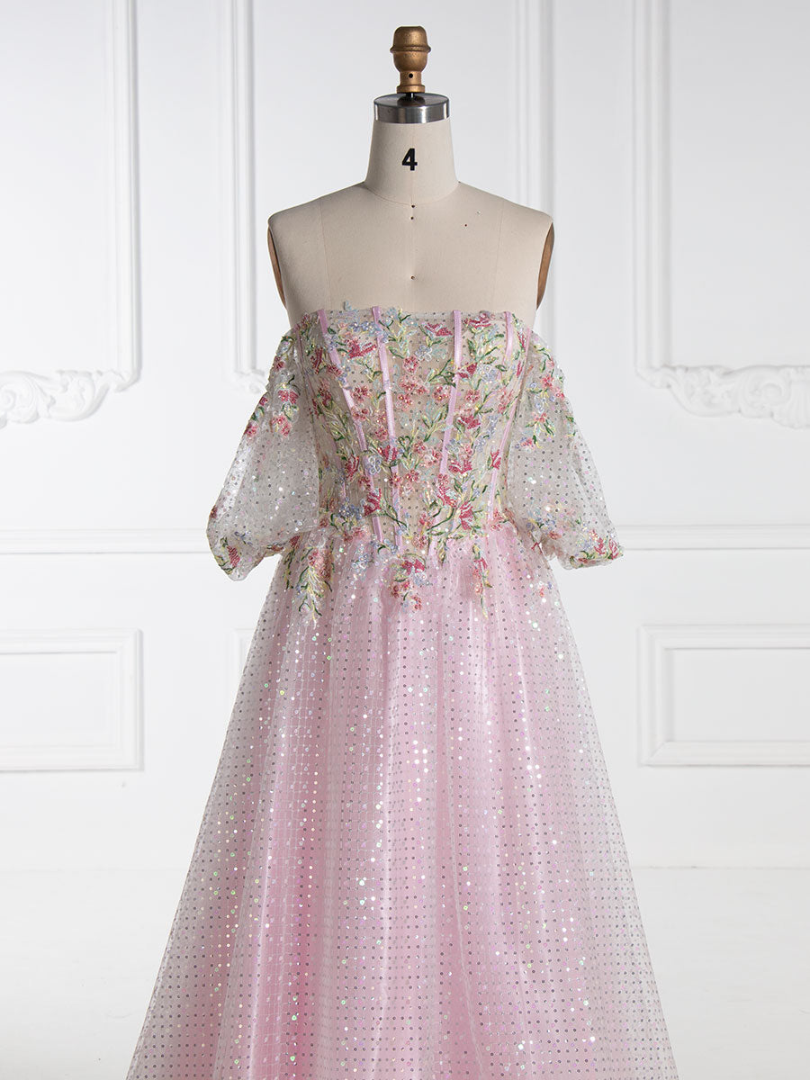 A-Linie Trägerlos Bodenlang Rosa Pailletten Ballkleider Mit Stickerei Spitze YE3002 