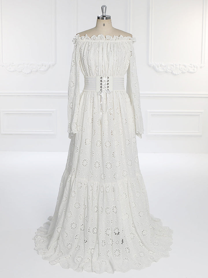 Off Shoulder Long Bell Sleeves Bohemian Wedding Dress Photo Shoot Dress YW231094