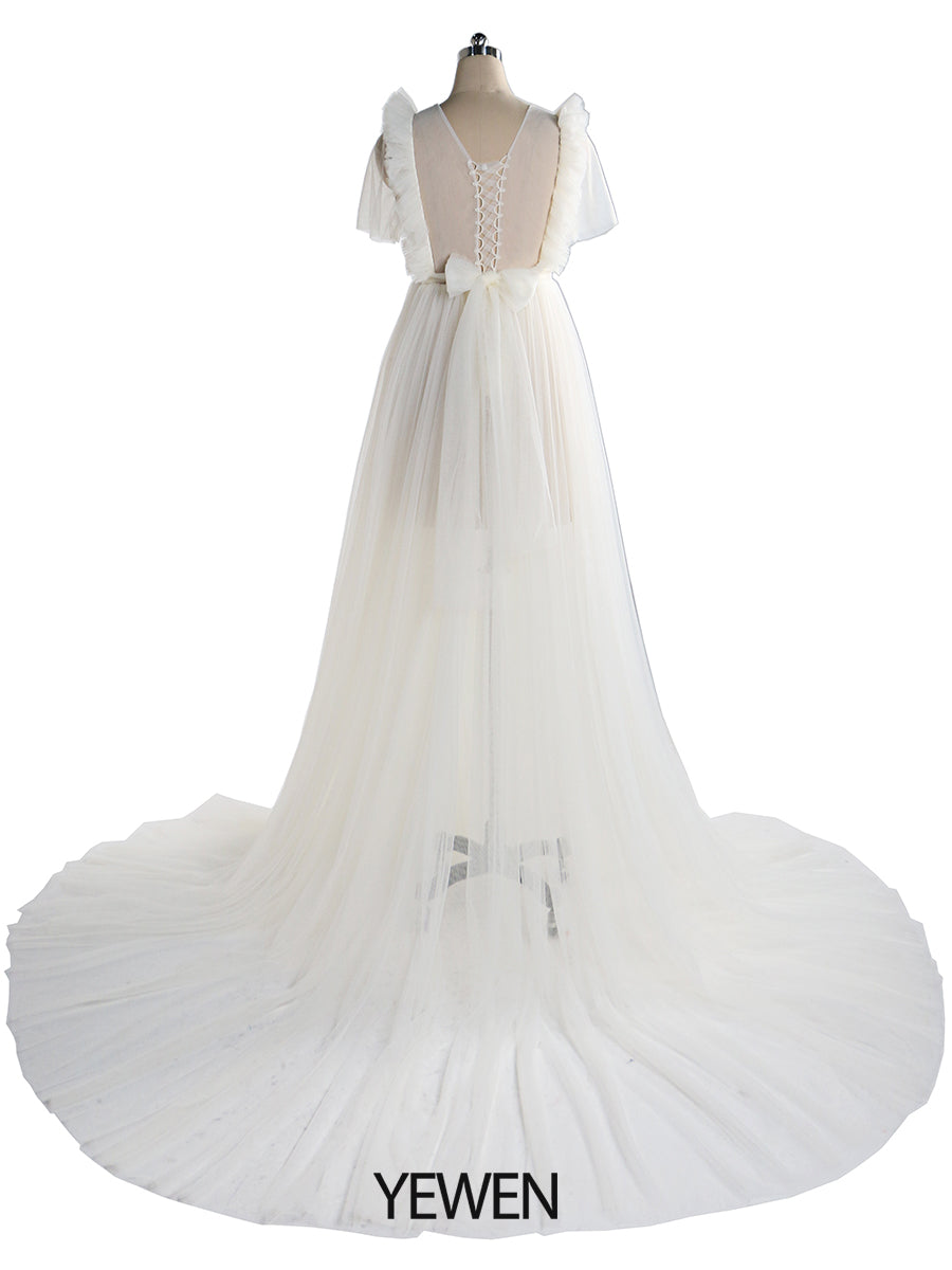 Weißes Umstandskleid mit Rüschen und kurzen Ärmeln, Maxi-Partykleid