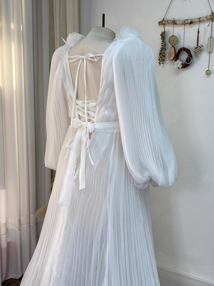 Lange Ärmel V-Ausschnitt Hochzeit Brautjungfernkleid Weiches Organza Plisseekleid YW243114 