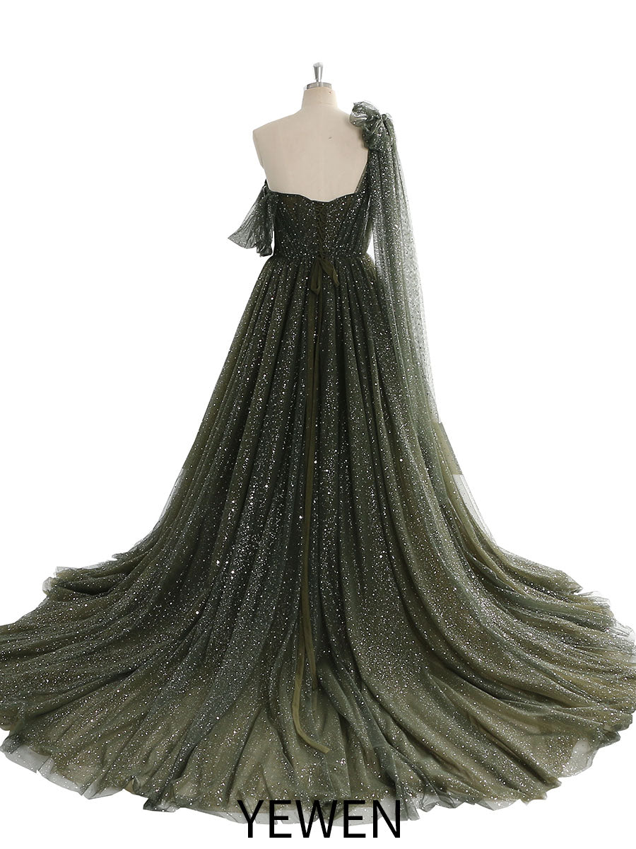 Glitzerndes Tüllkleid mit Sternenhimmel-Fotografie-Kleid, modisches Glitzer-Mesh-Designer-Ballkleid, lang, YEWEN YW010 
