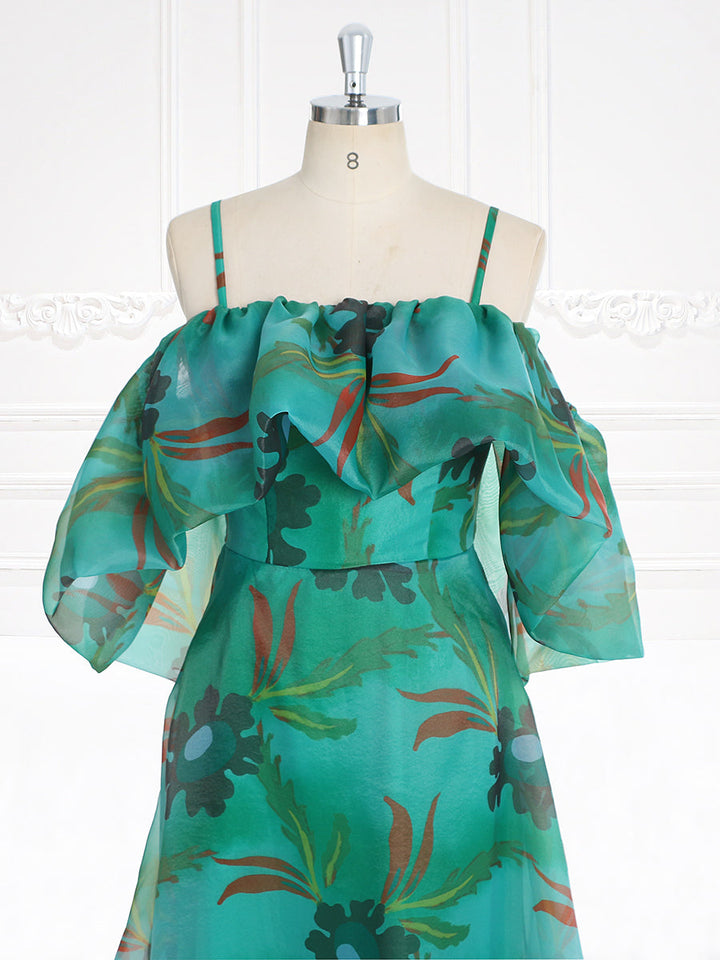 Grünes schulterfreies Maxikleid mit Blumenmuster und Spaghettiträgern, Ball- und Partykleider YW231124 