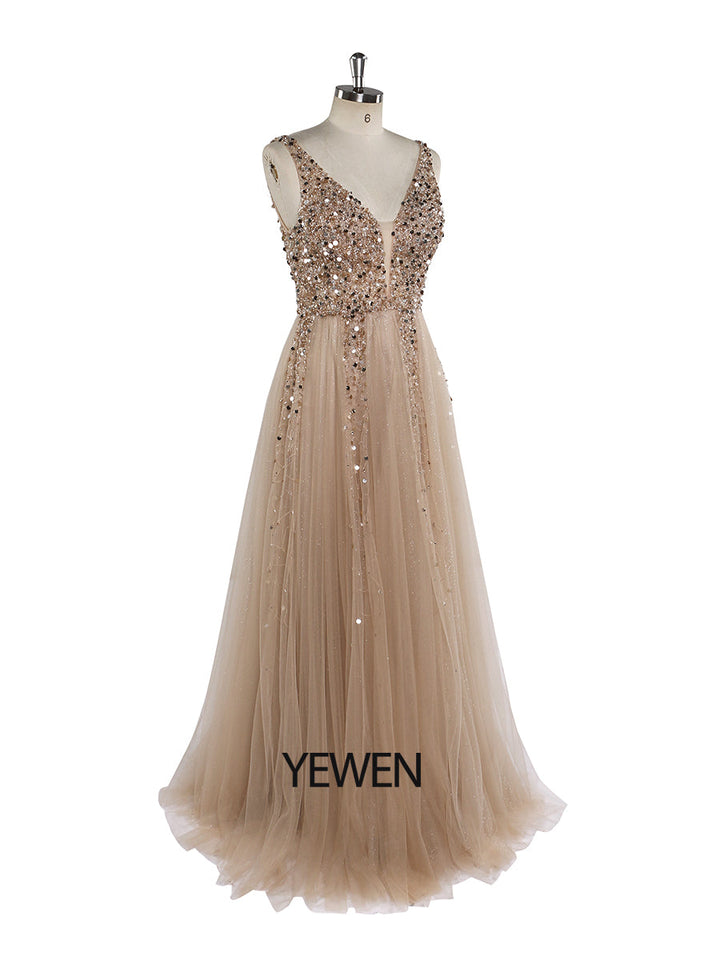 V-Ausschnitt Formelles Abendkleid Abnehmbarer Umhang Ärmellos Bodenlang Tüll mit Perlenbesatz Partykleid YEWEN 