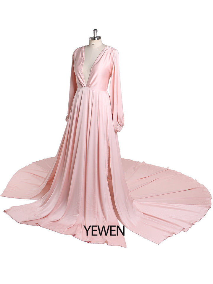 Leichtes Seidensatin-Ballkleid, Bohemian-Hochzeitspartykleid mit Schlitz, Fotografie-Kleid, Maxi-Damenkleid, YEWEN YD22407 