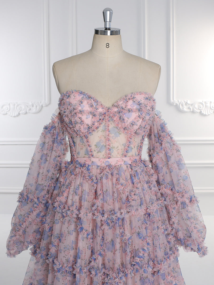 Elegant Floral Tulle Maxi Dress with Sleeves , Woman Photoshoot Dress
