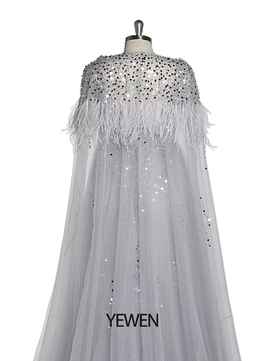 Silbernes Abendkleid aus Tüll mit Perlen und Cape, Umstandskleid für Fotoshootings, Fotografiekleid, Schnürung am Rücken 