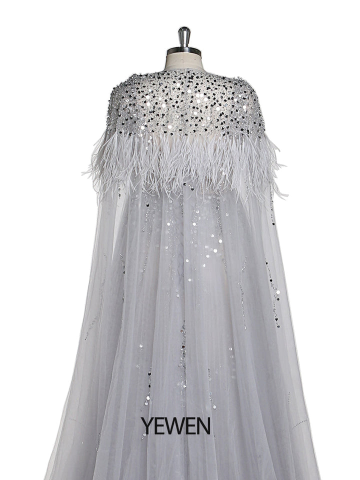 Silbernes Abendkleid aus Tüll mit Perlen und Cape, Umstandskleid für Fotoshootings, Fotografiekleid, Schnürung am Rücken 