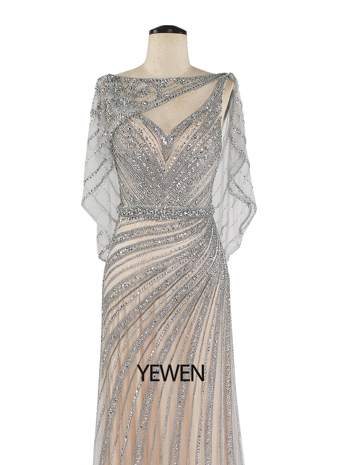 V-Ausschnitt Champagner Abendkleider 2024 Diamant Perlen Ärmellos Meerjungfrau Formelle Partykleid Reißverschluss Hinten YEWEN 