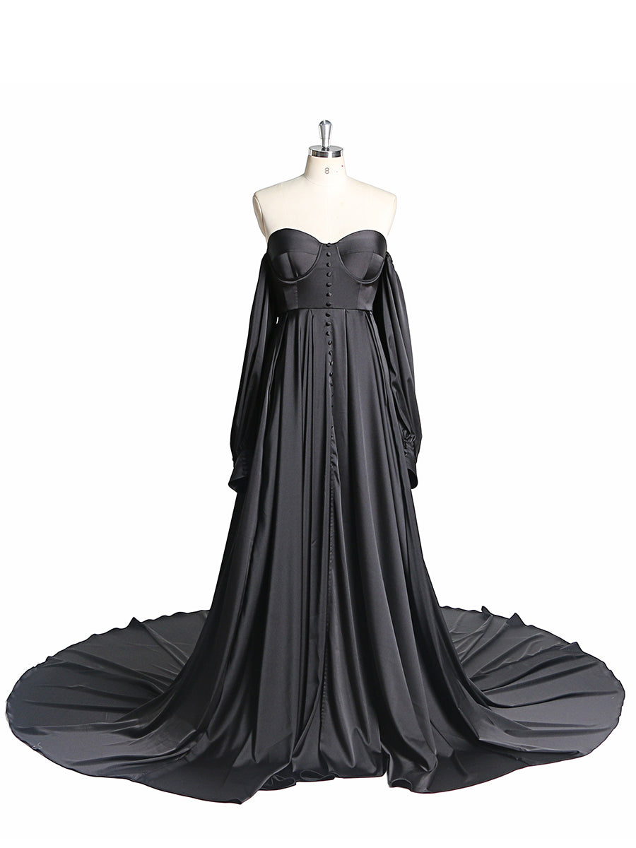 A-Linie Satin Brautkleid mit Schnürung am Rücken und langen Ärmeln, Kleider für Fotoshootings YW220928 