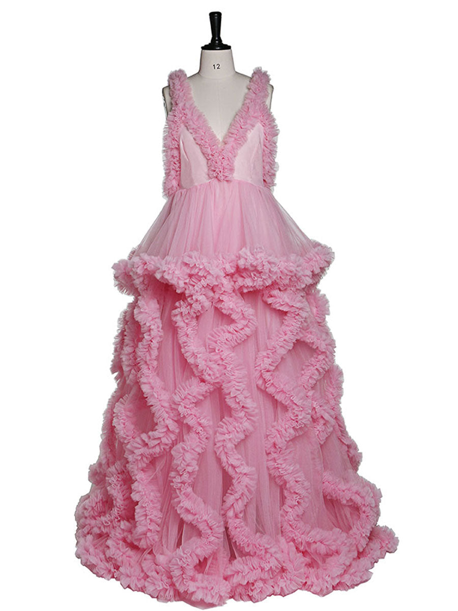 Rüschen Tüllkleid Elegante ärmellose Umstandskleider für Fotoshooting