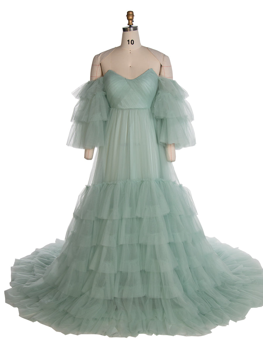 Baby blaues Tüllkleid für Fotoshooting Rüschen Bunte Brautkleider YW2051-2 