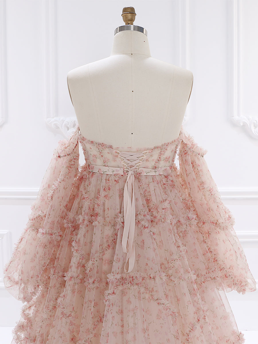Umstandskleid mit hoher Taille und Blumenmuster aus Tüll für Fotoshootings, langärmliges Babyparty-Kleid YW231086-1 