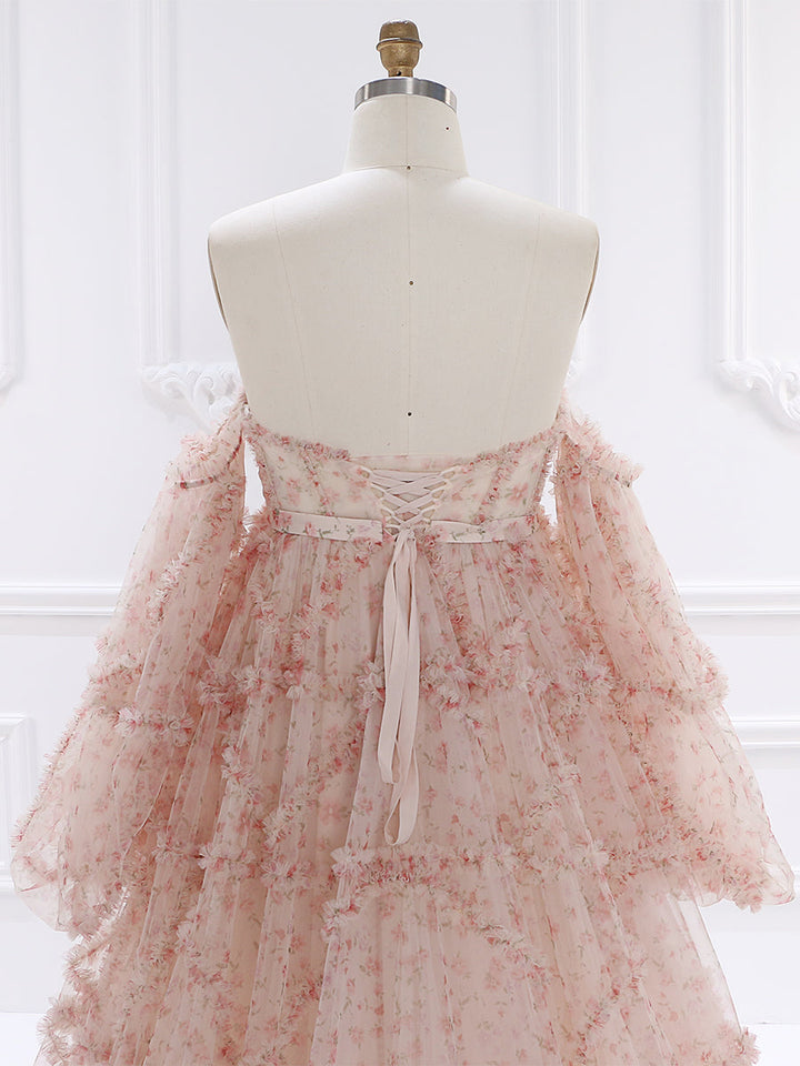 Umstandskleid mit hoher Taille und Blumenmuster aus Tüll für Fotoshootings, langärmliges Babyparty-Kleid YW231086-1 
